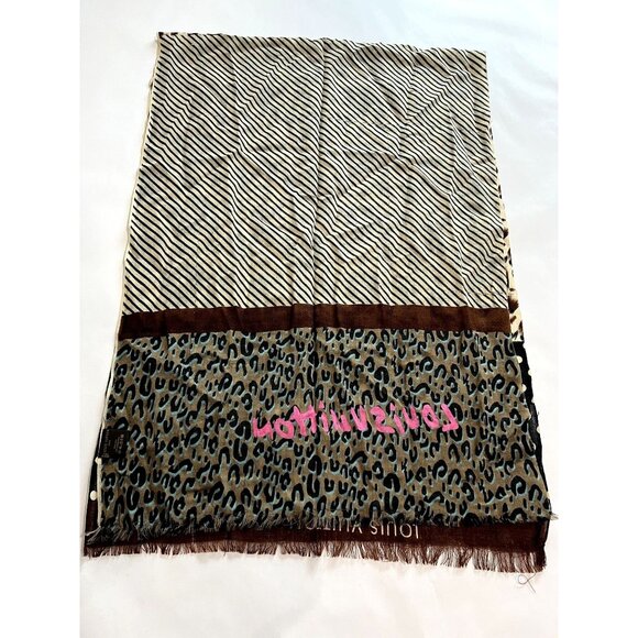 Louis Vuitton Stephen Sprouse Animal Print Striped Scarf in Cream Black Brown - Picture 6 of 8